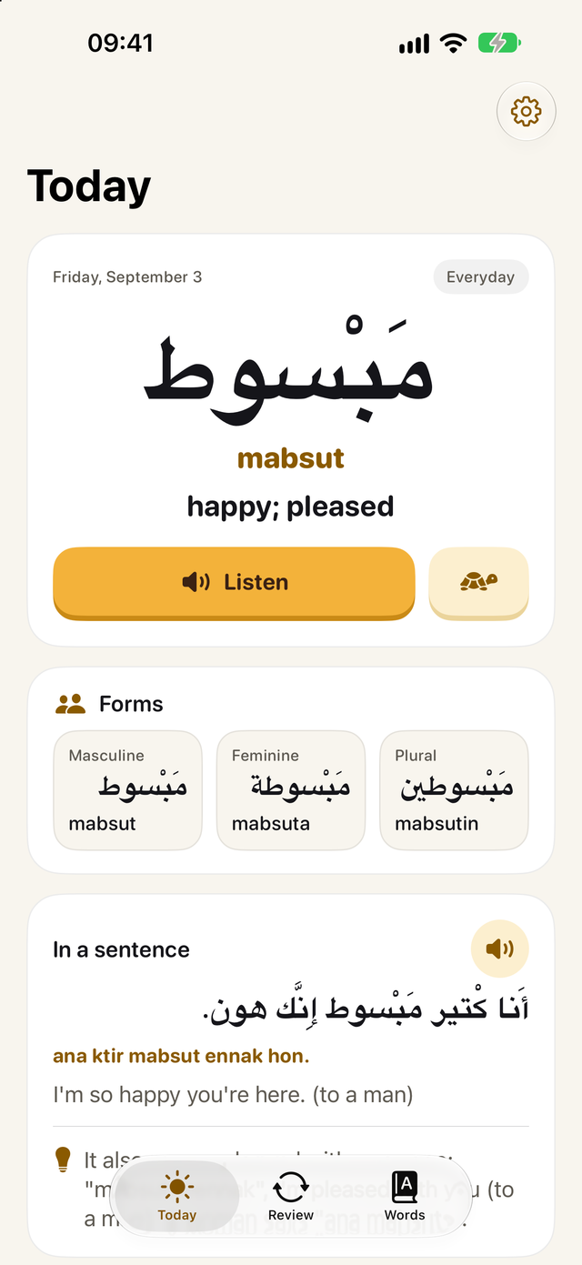 Kalima's Today screen showing the word mabsut, happy, in Arabic with its chat spelling, a Listen button and its forms for a man, a woman and a group.